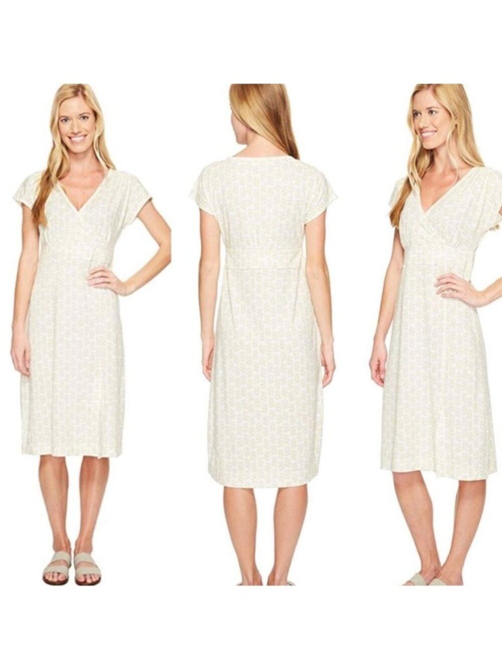 Royal Robbins Essential Tencel Dash Dress Midi Size XL Cream Allover Print UPF 5